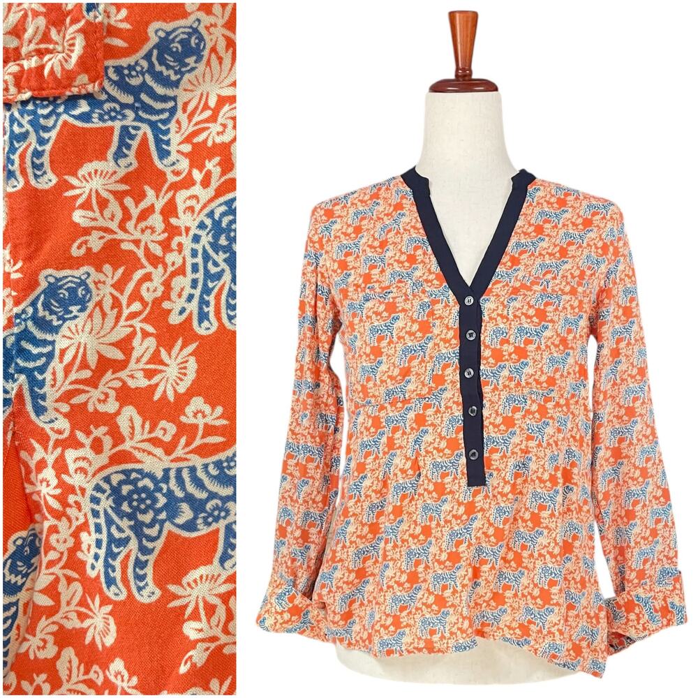 ANTHROPOLOGIE VANESSA VIRGINIA Honore Tiger Print Oversized Henley LS Top Size 2